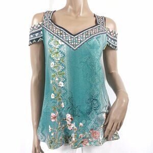 Open Cold Shoulder Floral Print Stretch Top Blouse L